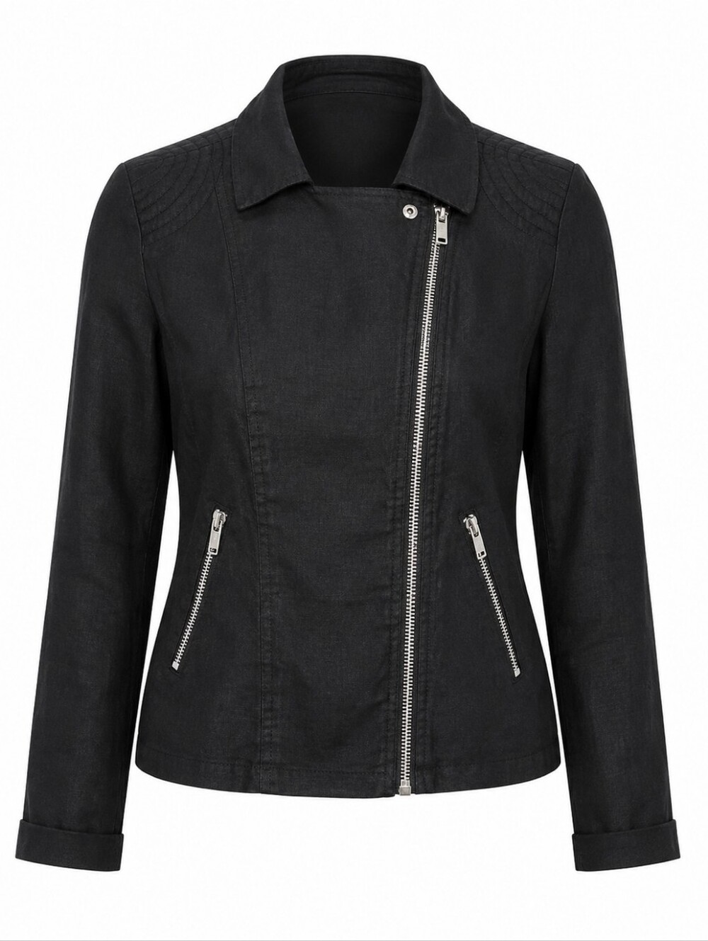 LEVEL 99 | Black Linen‎ Blend Moto Biker Jacket Asymmetrical Silver Zippers | XL